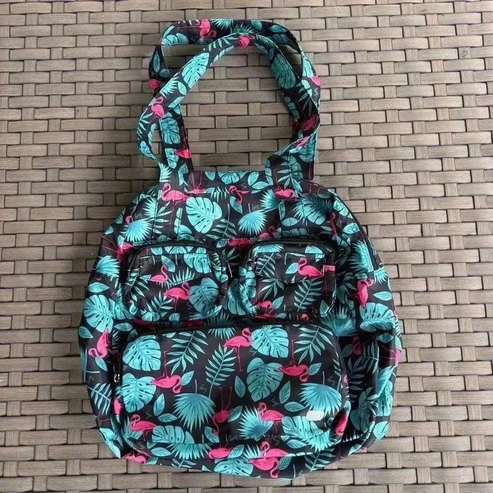Lug Puddle Jumper Flamingo Black Tote Bag Zippered Pockets
